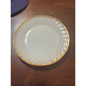 Fire King Oven Ware White Swirl Salad Luncheon Plate With Gold Trim USA 7.75"